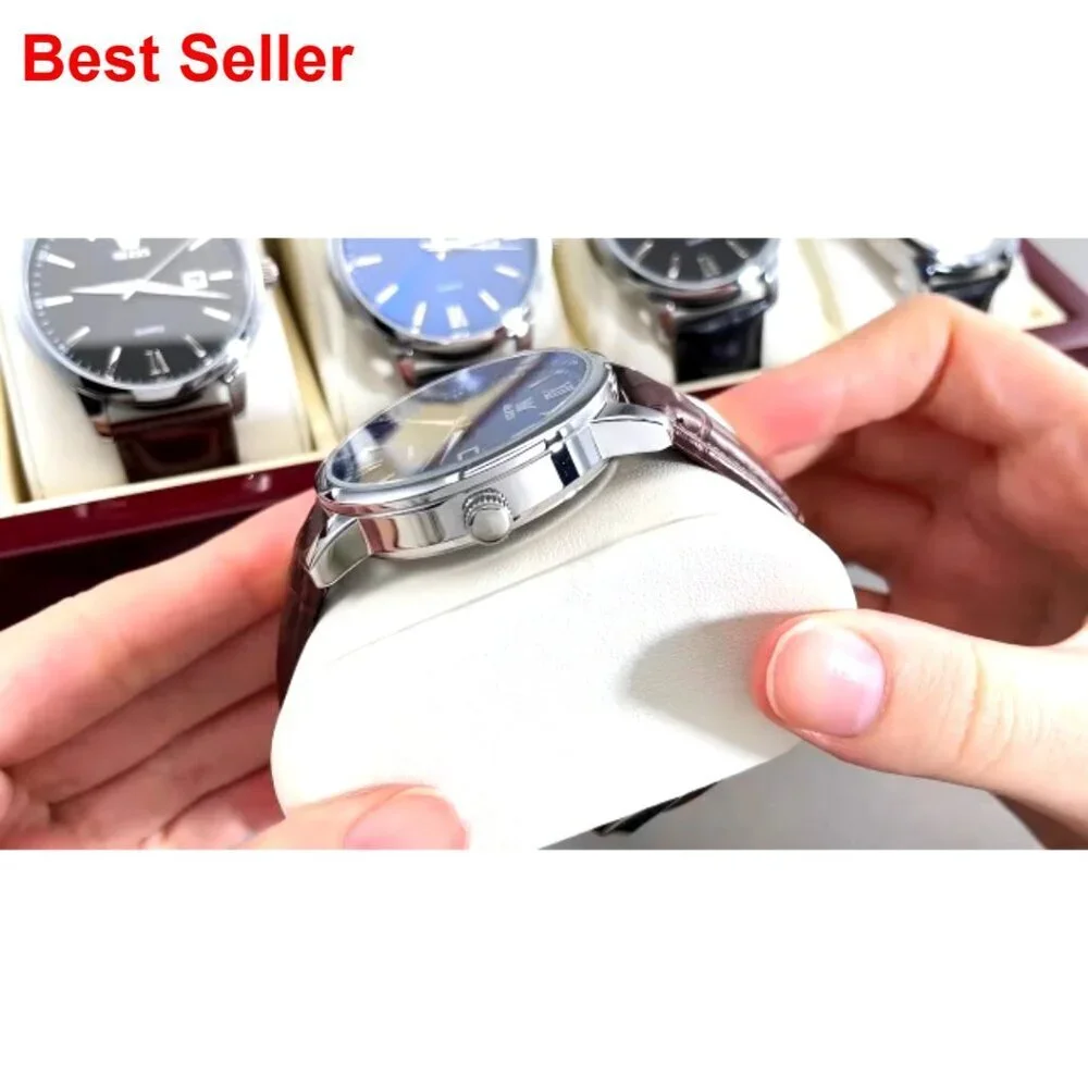 Stainless Steel Men's Watch with Leather Band, Waterproof, Date Display